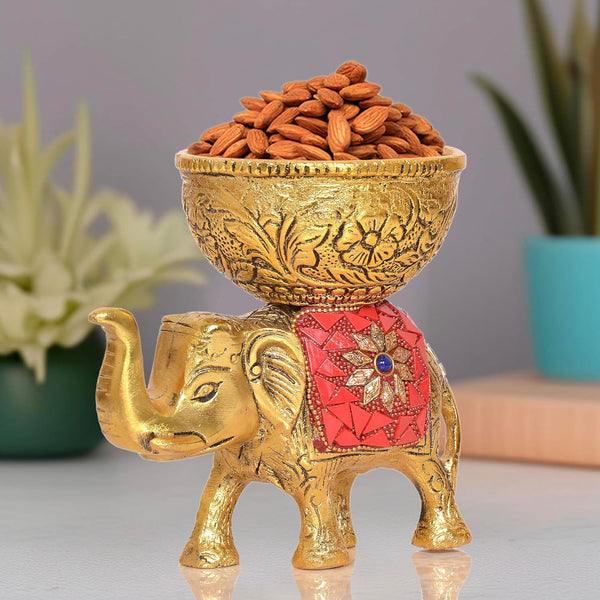 Metal Elephant Dry Fruit Bowl Showpiece Gold Polish for Home Decor Room Table & Gift Diwali,Raksha Bandhan Pack of 1 (Height 5 Inch) (Multicolor RED Stone)