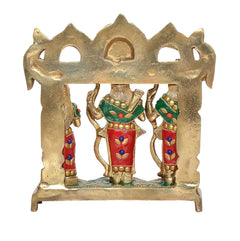 Brass Ram Darbar shrine, back view of two side figures flanking central deity in red