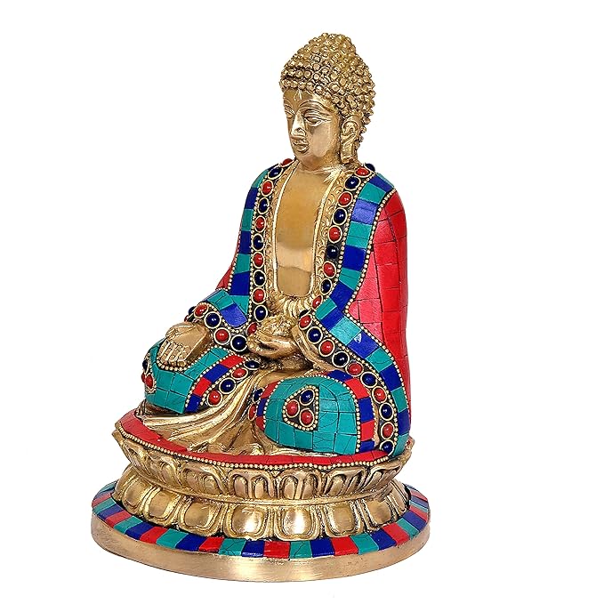 Large Buddha Lotus Sitting Statue Buddhist Sculpture Multicolor in Brass (Height: 8 Inches)