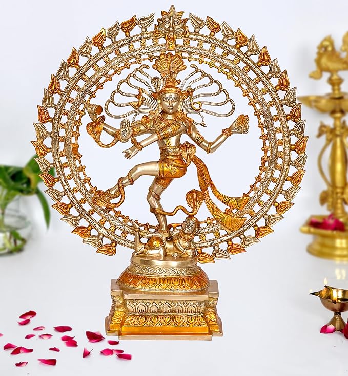 Brass dancing Shiva Nataraj idol with ornate halo ring and detailed base (27 inch)