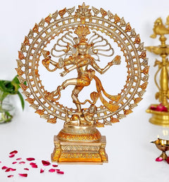 Brass dancing Shiva Nataraj idol with ornate halo ring and detailed base (27 inch)