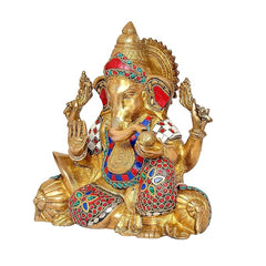 Brass Ganesha statue with colorful stone inlays, detailed face and folded hands