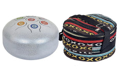 Silver happy drum with embroidered travel bag, colorful spiral note pattern