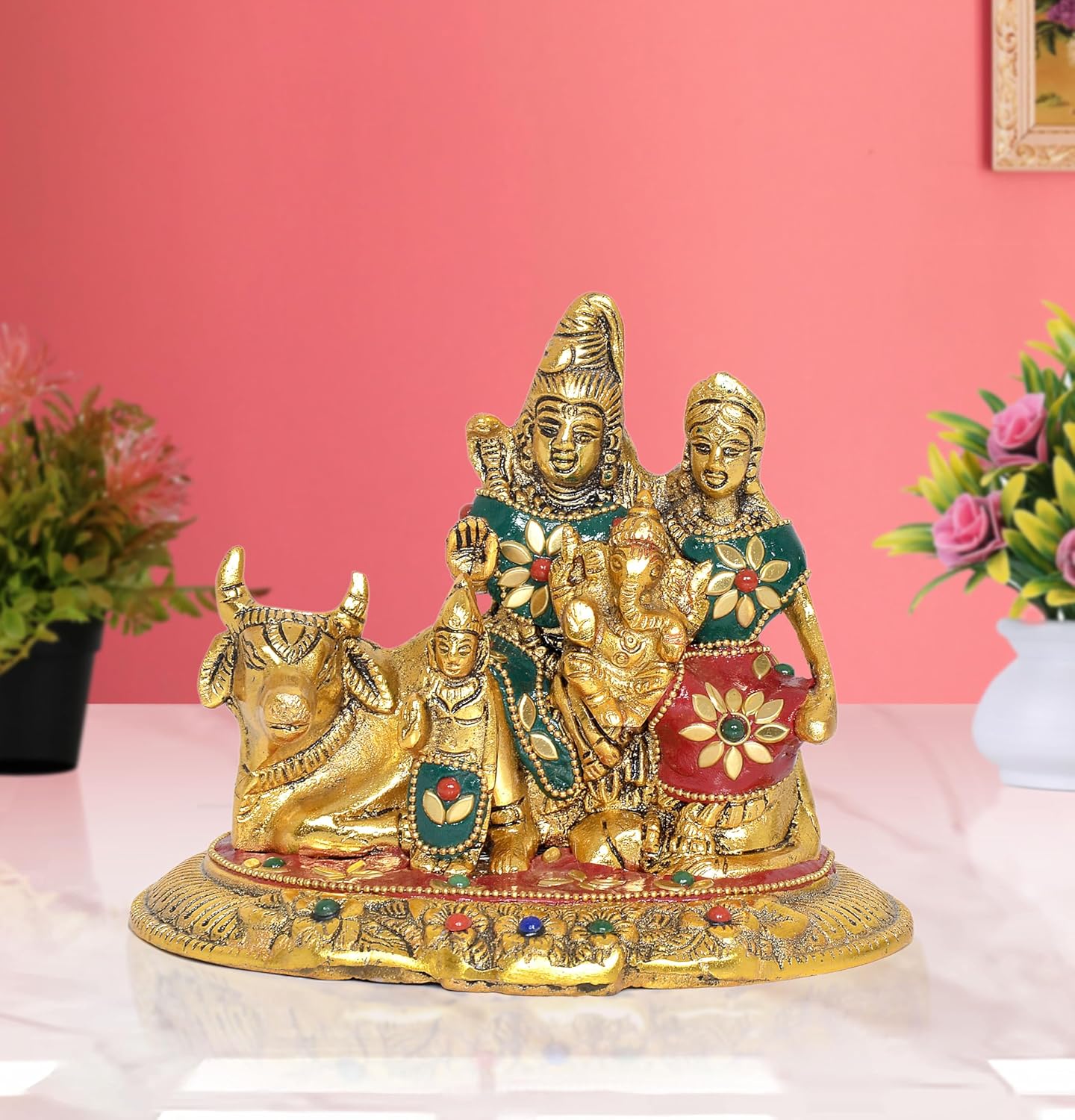 Metal Lord Shiva Parvati Kartikeya and Ganesha with Nandi Murti Shiv Family Parivar Idol Statue for Home Décor Mandir Temple Gift Showpiece (Height 5.5 Inch)