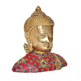 Gold Buddha bust with jeweled red garment, blue and green accents, front angled view
