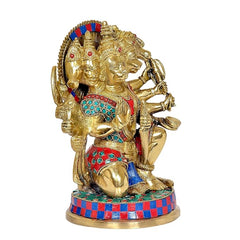 Brass PanchMukhi Hanuman statue idol, side view with multicolor chest ornaments and garlands