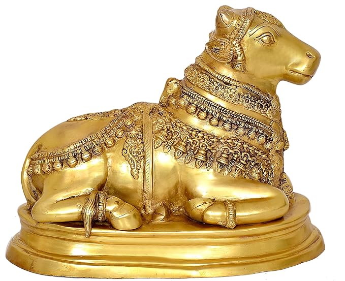 Brass Nandi Cow Statue Idol Murti On Base Decorative Item for Home | Height : 13.5 Inch