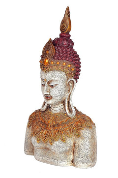Polyresin Buddha bust three-quarter view, light stone finish with gold details
