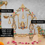 Brass Ganesha swing idol, multicolor details, 14 inch, with small hanging bells and swing