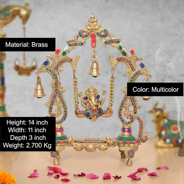 Brass Ganesha Playing On Swing Idol (Height 14 Inch) (Multicolor 1) Entryway Setting