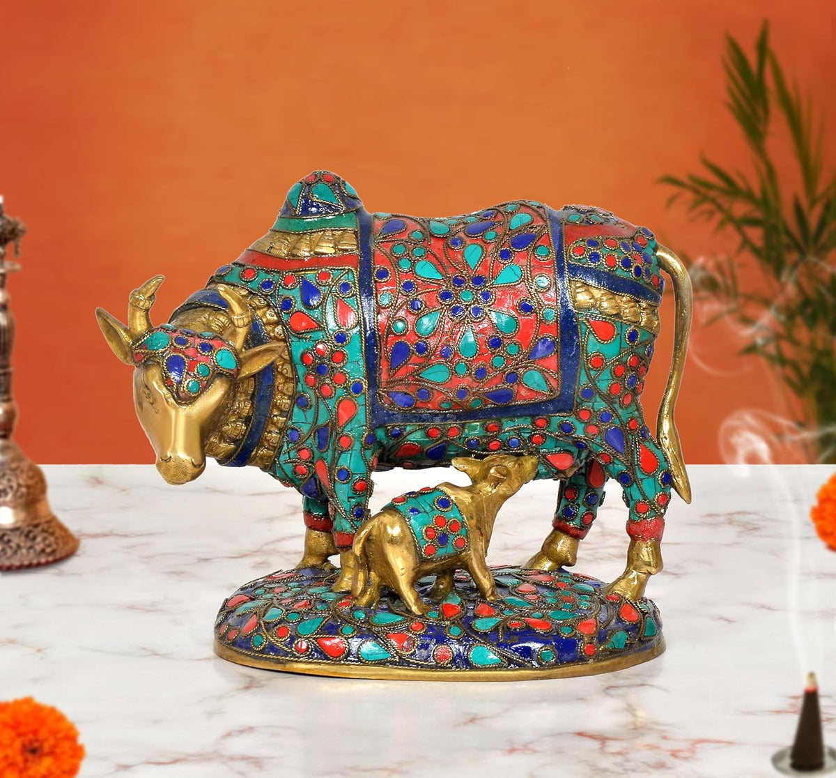 Kamdhenu cow showpiece with calf, multicolor enamel details on brass base