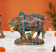 Kamdhenu cow showpiece with calf, multicolor enamel details on brass base