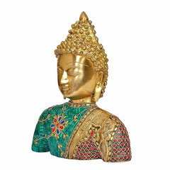 Brass Buddha head bust sculpture, gold face with teal robe and red dot patterns