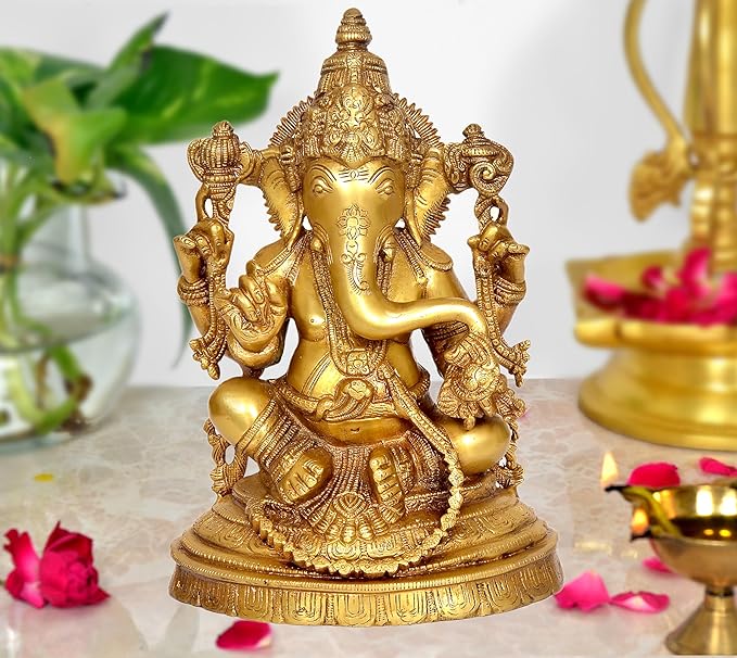 Brass Ganesha Statue Idol On Base for Home Decor Temple | Height : 10.5 Inches (Ganesha, 1) Craft Detail