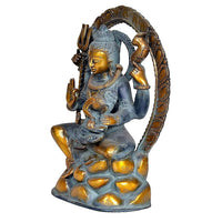 Side view Shiva statue: dark blue seated figure, gold face, halo arch, and ornamented arms