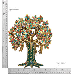 Brass kalpavriksha tree figurine, jeweled leaves, green trunk, Height: 10 in