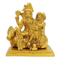 Brass Shiv Parivar statue on Nandi base, three deities seated, 4-inch