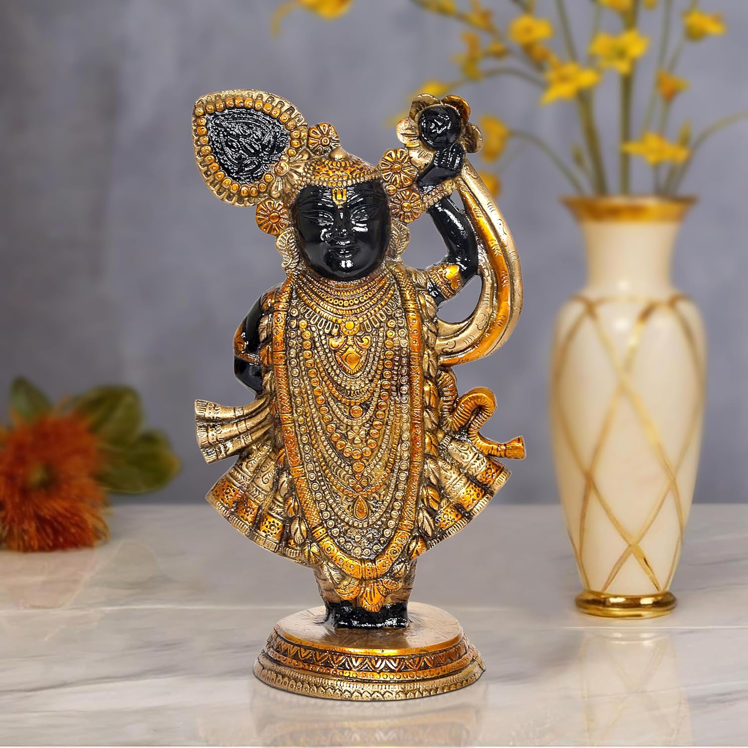 Brass Shreenathji Statue of Shrinathji murti for Home Decor Mandir Pooja Showpiece (Height 12.5 Inch)