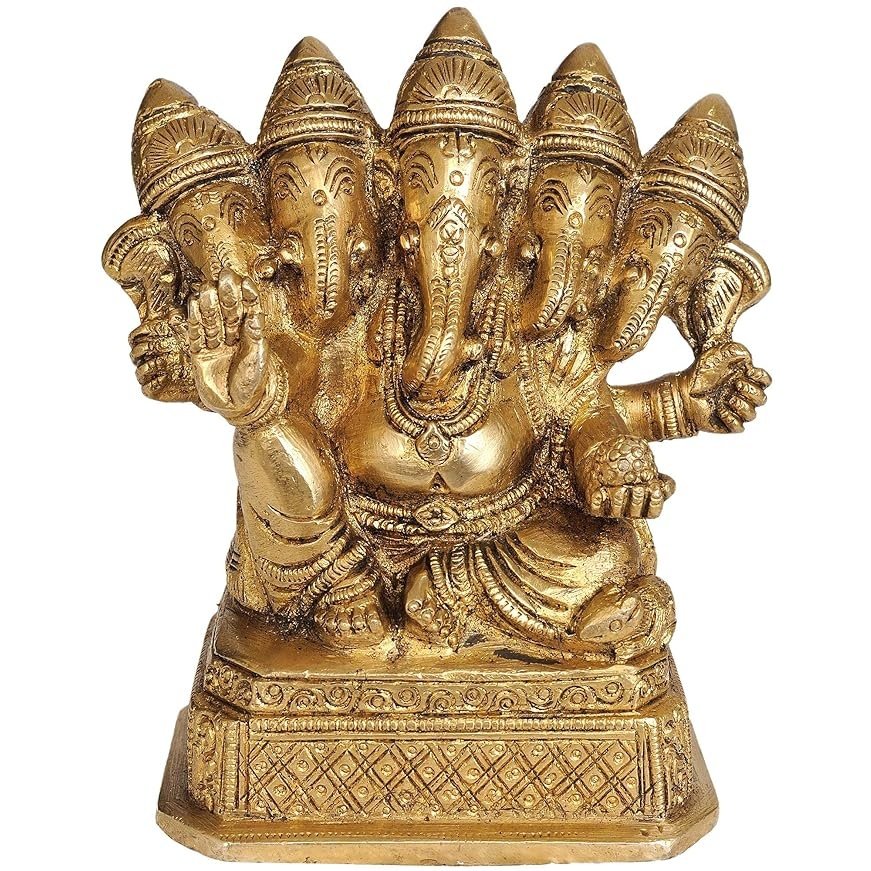 Brass PanchMukhi Ganesha idol, five-faced ornamented gold-tone statue