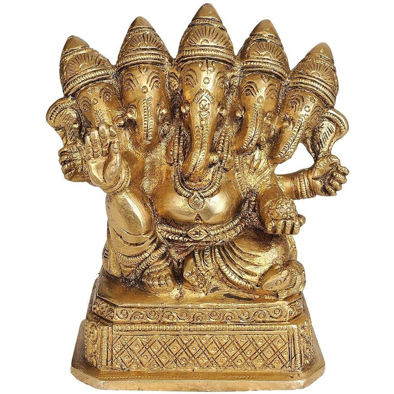 Brass India Panch-Mukhi Ganesha Idol Statue Figurine Showpiece Office Home Temple Gift Item Golden Height