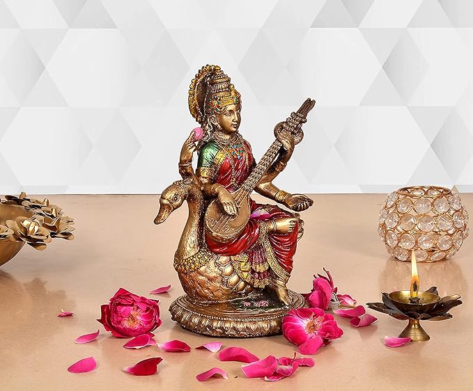 Saraswati Idol - Sculpture Hindu Goddess of Knowledge, Music (21.0cm Height X 11.0 cm Width)(Resin, Multicolour)