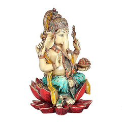 Resin Lord Ganesha idol holding accessories, turquoise robe and red lotus base