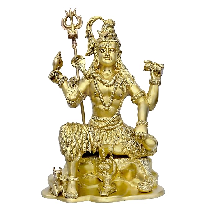 Brass Shiva idol statue, seated with trident, 18-inch height