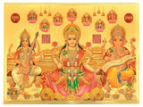 Gold foil Lakshmi, Ganesh & Saraswati wall poster with ornate deity artwork, border