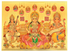 Gold foil Lakshmi, Ganesh & Saraswati wall poster with ornate deity artwork, border