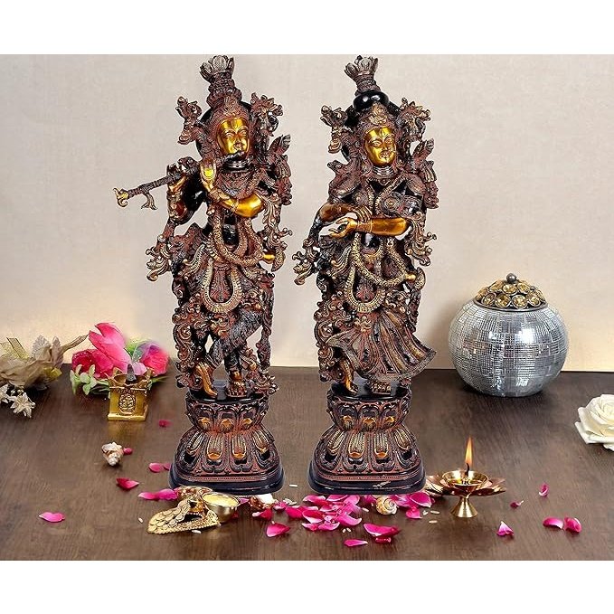 Brass Radha Krishna sculpture, height 29 in; two standing figures on ornate base