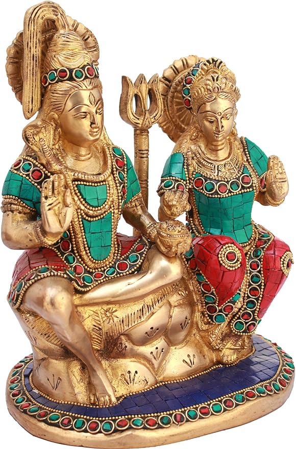 Brass Goddess Shiva-Parvati Seated On Kailasha, Height: 9.2"