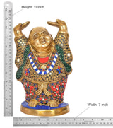 Brass laughing Buddha statue, 11-inch height, raised hands, jeweled robe and base