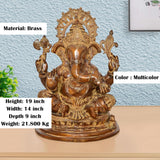Brass Ganesha statue, brown finish, height 19 in, detailed seated pose