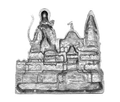 Close view of silver Ram Mandir model featuring standing deity and textured temple structure