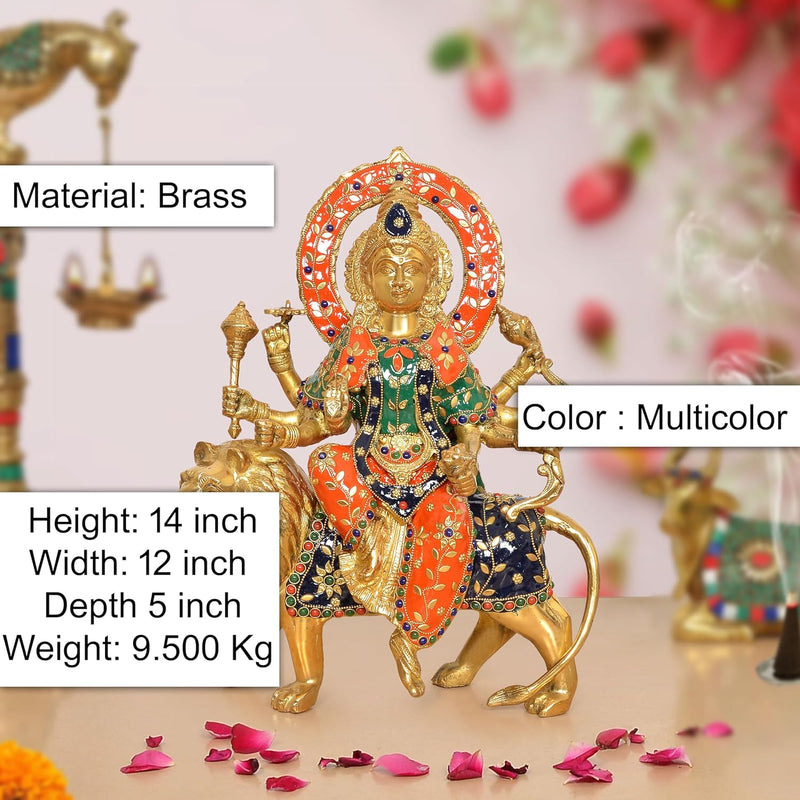 Brass Durga Maa with Lion Statue (Height: 14 Inch)