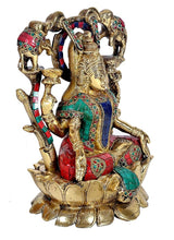 Brass Lakshmi on lotus pedestal, multicolour gemwork and elephants behind, angled view