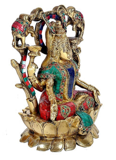 Brass Lakshmi on lotus pedestal, multicolour gemwork and elephants behind, angled view