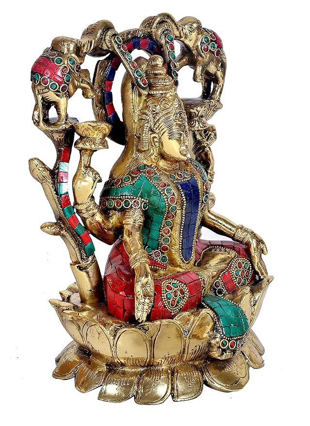 Brass Goddess Lakshmi Sitting On Lotus Idol Statue for Pooja Office Prosperity Wealth Home Warming Showpiece Multicolour Height 11.5 Inches