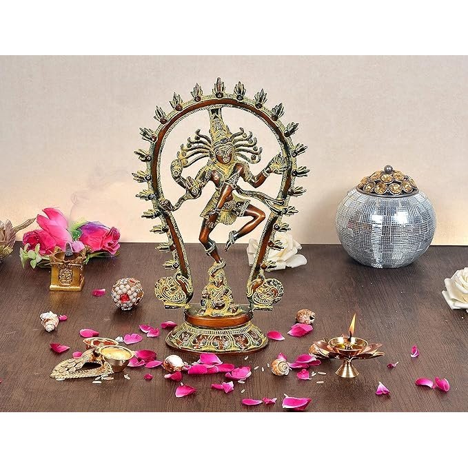 Brass Nataraj Shiva idol statue in dancing pose on ornate base