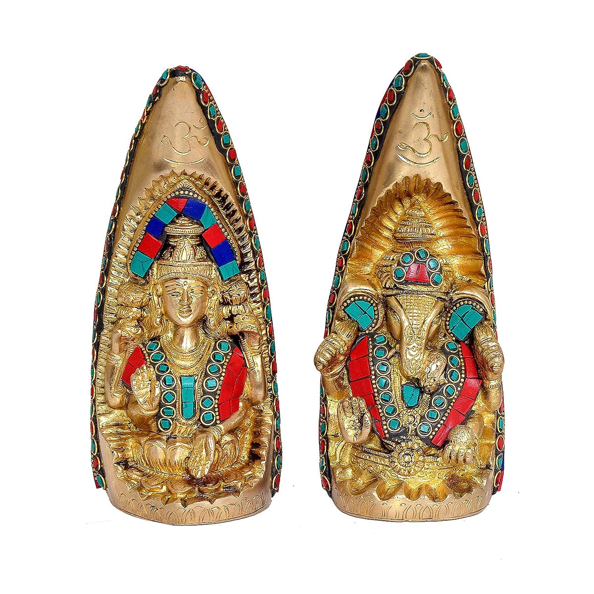 Brass Ganesh and Lakshmi idol on elephant tooth shape, front view, 7.5 in