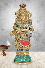 Brass Radha Krishna statue front, multicolor gem detailing on chest and waist
