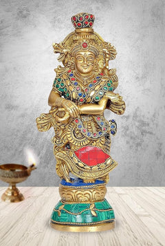 Brass Radha Krishna statue front, multicolor gem detailing on chest and waist
