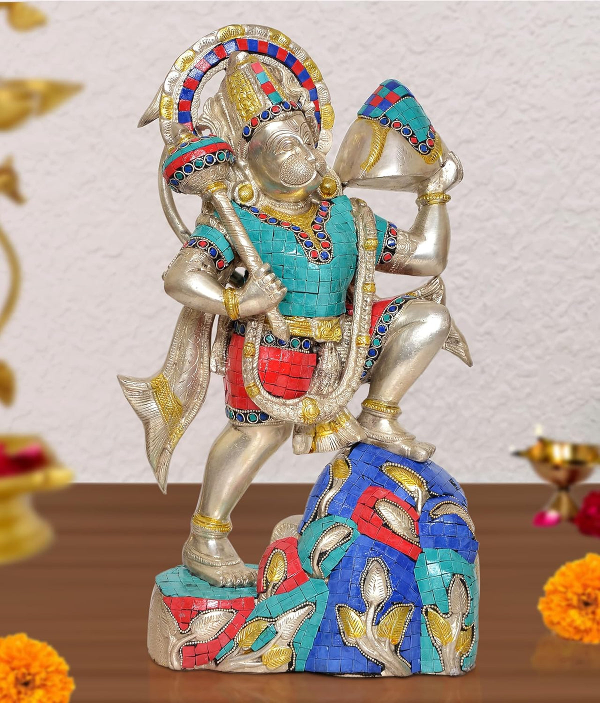 Brass Hanuman idol statue with jeweled blue, red and teal mosaic details