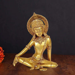 Sitting deity Indra brass statue with raised hands and halo, gold finish