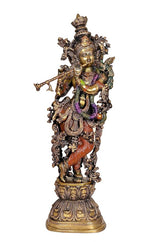 Brass Radha Krishna sculpture—Krishna figure with flute, ornate crown and colorful jewelry