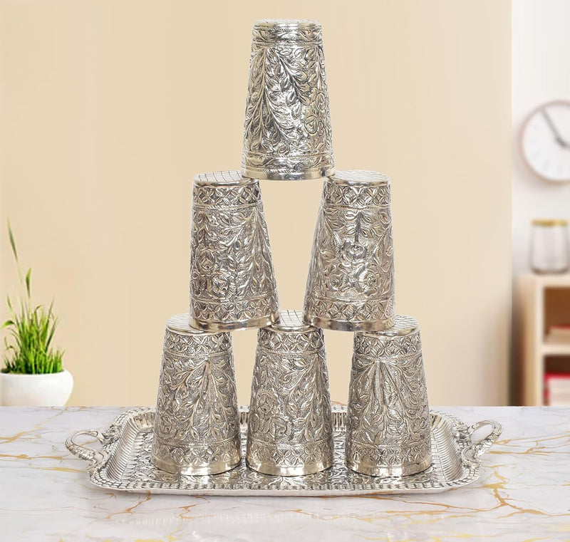 AONA Brass Silver Plated Six Glass and One Tray for Home Kitchen