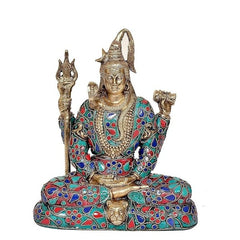 Brass Shiva statue meditating with multicolor patterned robes and raised hands