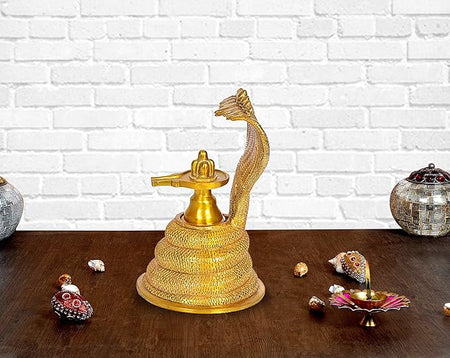 Brass Shiv Linga with Seven Headed Serpent (Height 8 Inches)