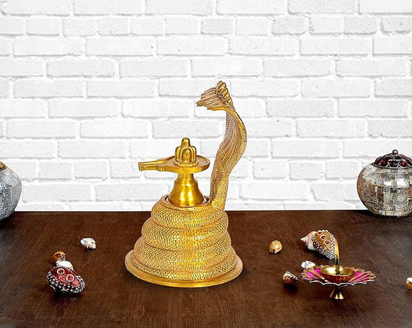 Brass Shiv Linga with Seven Headed Serpent (Height 8 Inches)
