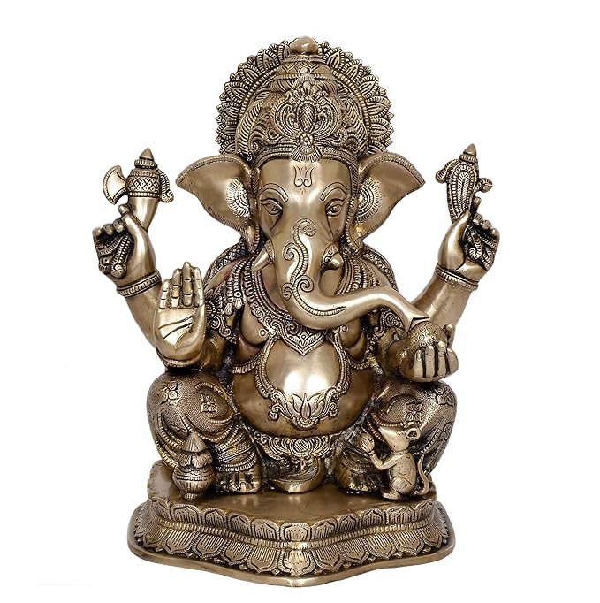 Brass Ganesha Brass Statue Idol for Home Decor Office Mandir | Height : 15.5 inch Craft Detail
